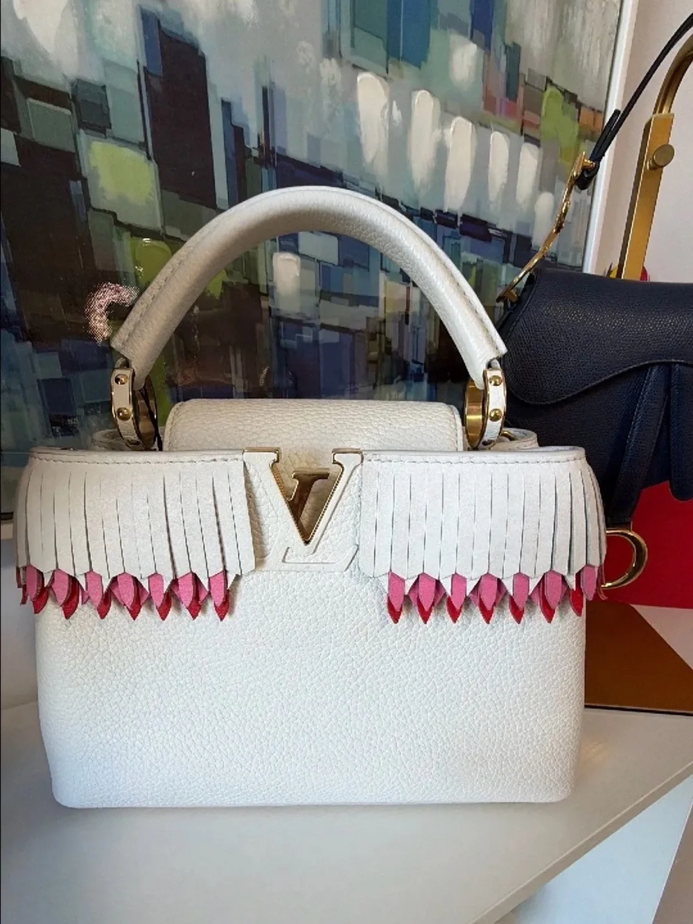 Limited Edition Louis Vuitton White Capucine with Pink Fringe and Gold Hardware